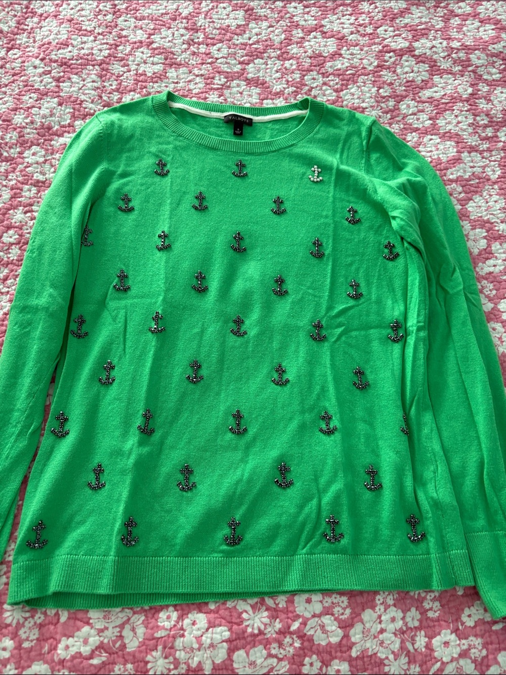 Talbots Green Crewneck Sweater with Anchor Embellishments